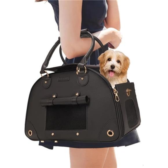 Pet Carrier Foldable Premium PU Leather Portable Tote Bag (Black-Medium）